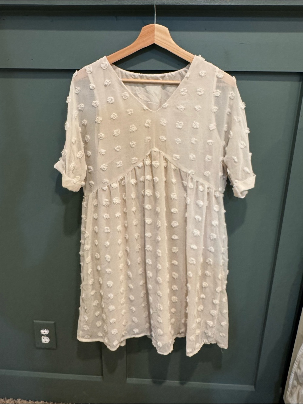Neutral Textured Swiss Dot V-Neck Midi Dress